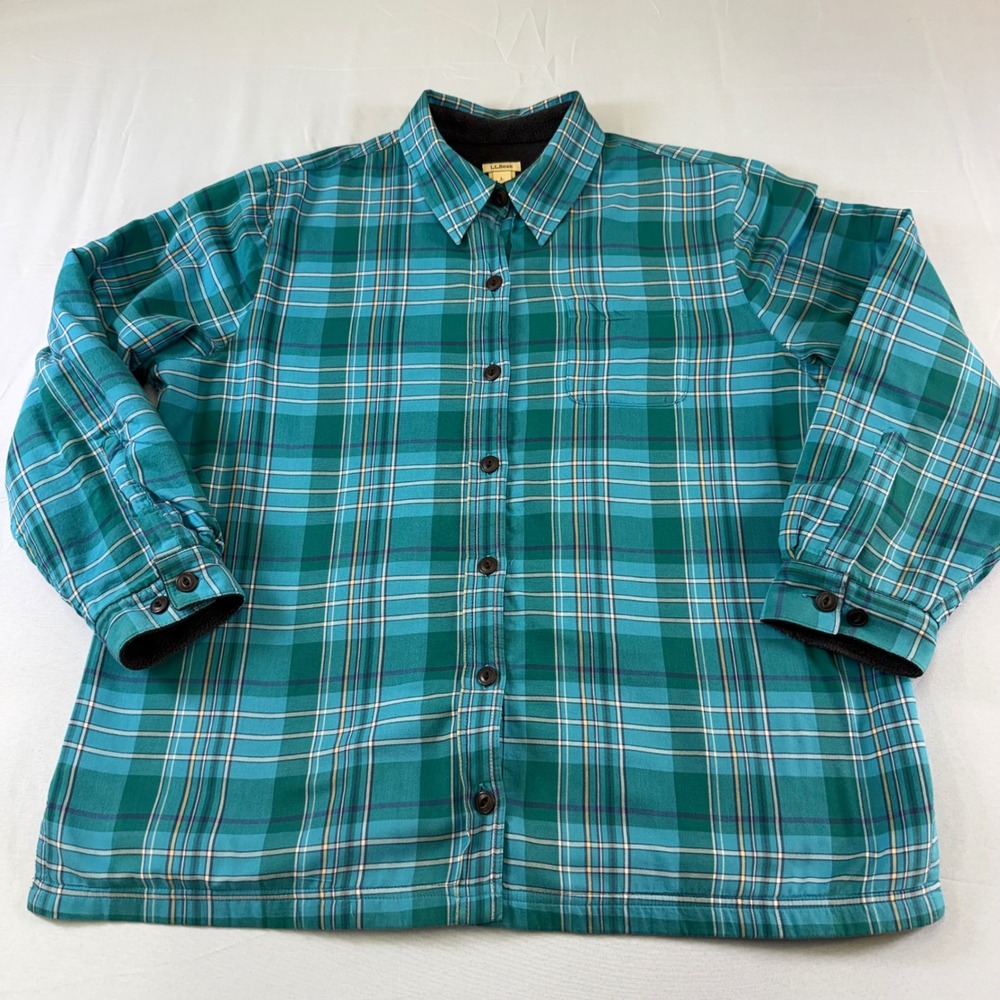 LL Bean Fleece Lined Flannel Shirt Jacket Teal Green Plaid Womens Large Petite
